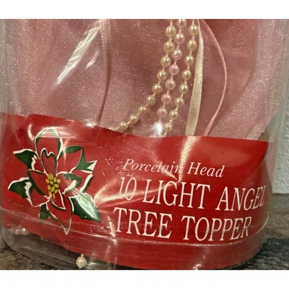 Vintage Pink Porcelain Face Angel Christmas Tree Topper 10-Light Lighted Y2K
